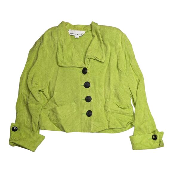 Vtg 1990s Caroline Rose Lime Green Linen Collared Button Up Crop Blazer Jacket M - Picture 1 of 5